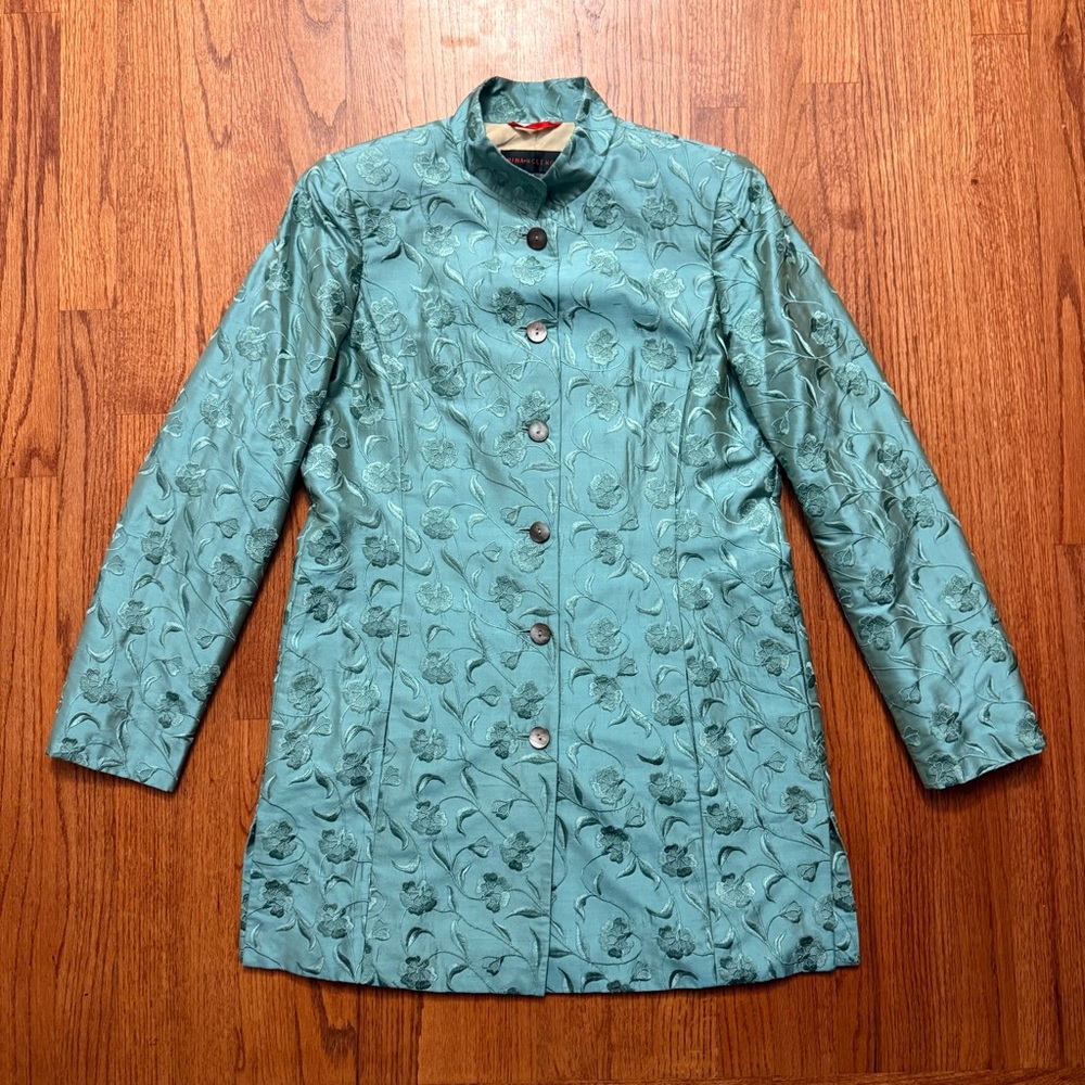 Nina McLemore aqua silk button up blazer jacket size 6
